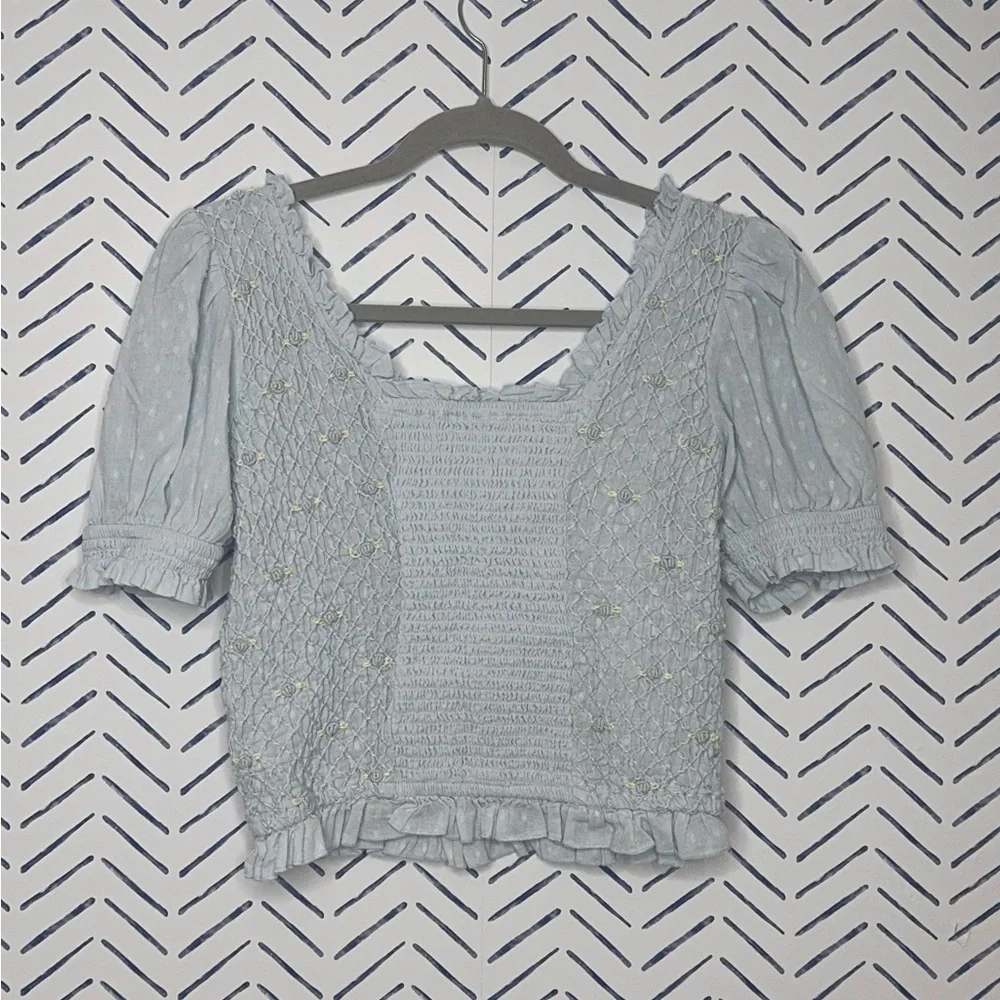 Free People Cecelia Puff Sleeve Smocked embroidered Rosette Top S light blue - Picture 2 of 6